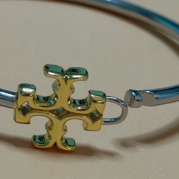 Tory Burch silver/ gold Eleanor Logo Hinged cuff bracelet - Picture 6 of 7